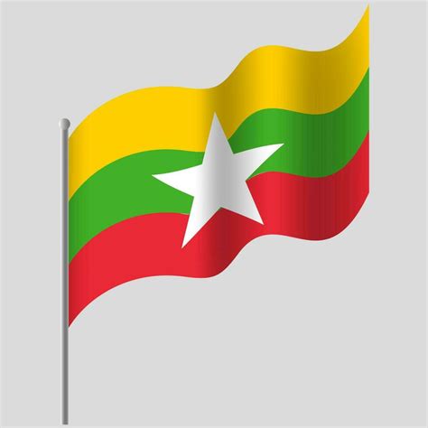 Waved Myanmar Flag Myanmar Flag On Flagpole Vector Emblem Of Myanmar