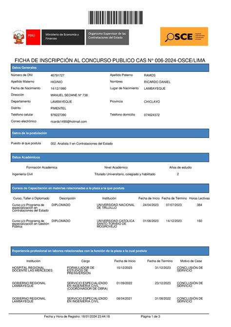 Convocatoria Cas Osce Ficha De Inscripci N Al Concurso Publico