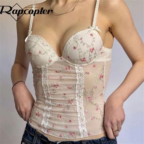 Rapcopter Y2k Lace Corset Top White Small Floral Retro Crop Top Mesh