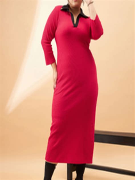 Buy Sassafras Curve Plus Size Red Ribbed Contrast Shirt Collar Sheath Midi Dress Dresses For