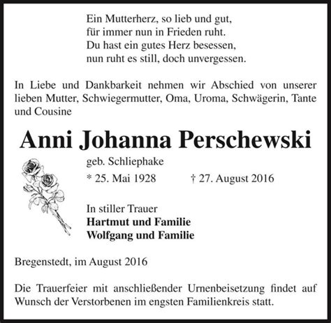 Traueranzeigen Von Anni Johanna Perschewski Geb Schliephake