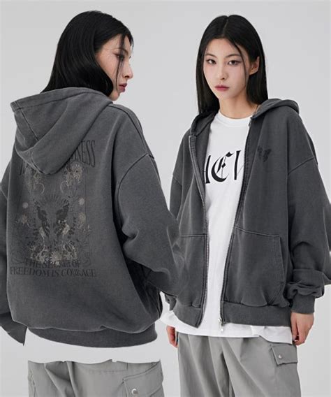 MUSINSA ACOVER Black Butterfly Pigment Hood Zip Up Charcoal