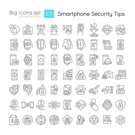 Smartphone Security Tips Linear Icons Set Stock Vector Illustration