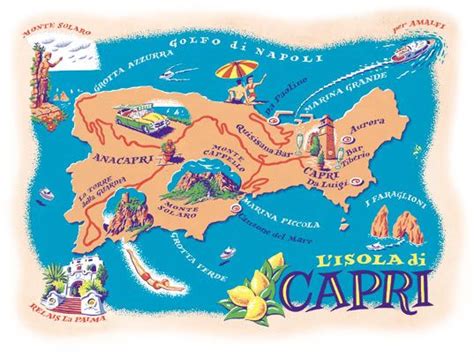 an illustrated map of the island of capri with all its major ...