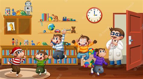 Premium Vector | Five little monkeys jumping in the room scene with a ...