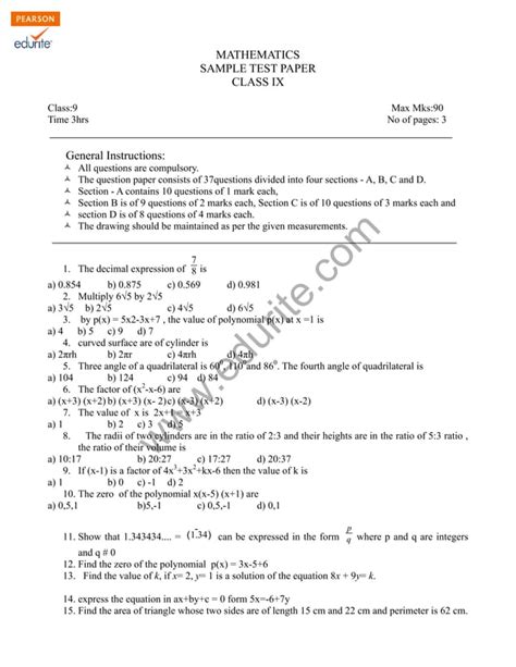 Class 9 Cbse Maths Sample Paper Model 2 Pdf