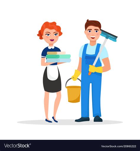 Cleaning service staff smiling cartoon characters Vector Image