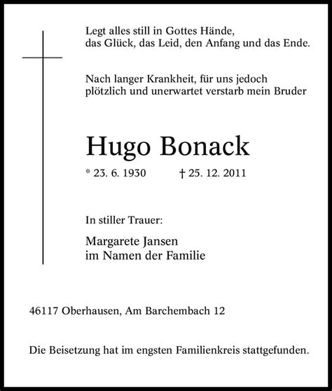 Traueranzeigen Von Hugo Bonack Trauer In NRW De