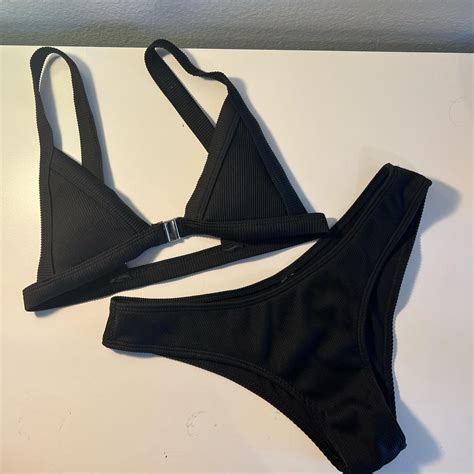 Black Ribbed Bikini Top Has A Silver Front Clasp Depop