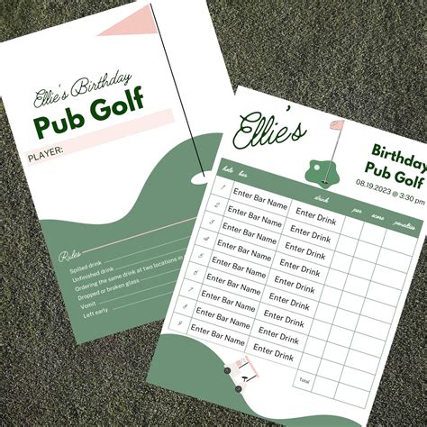 Birthday Pub Golf Scorecard Template Digital Editable Party Activity