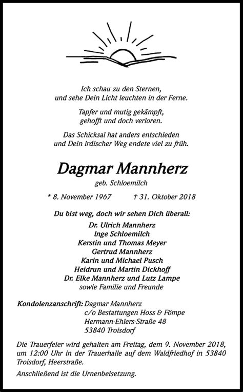 Traueranzeigen Von Dagmar Mannherz WirTrauern