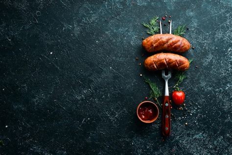 Premium Photo Baked Grilled Sausages On A Fork Bbq Menu Top View