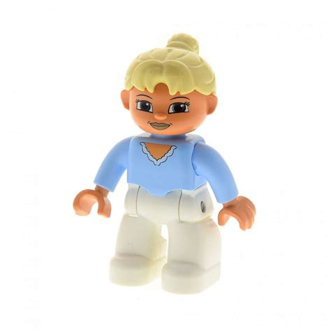 1x Lego Duplo Figur Frau Weiss Hell Blau Haare Zopf Beige 47394pb118