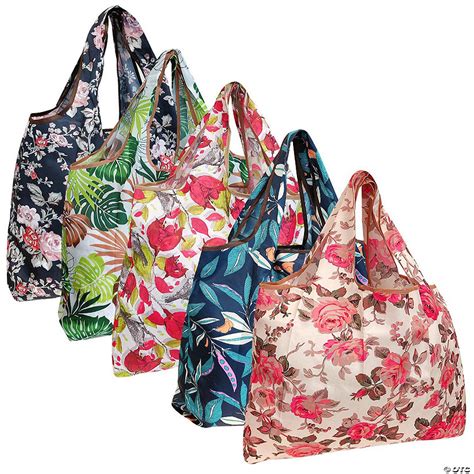 Wrapables Large Foldable Tote Nylon Reusable Grocery Bags 5 Pack Flowers And Ferns Oriental