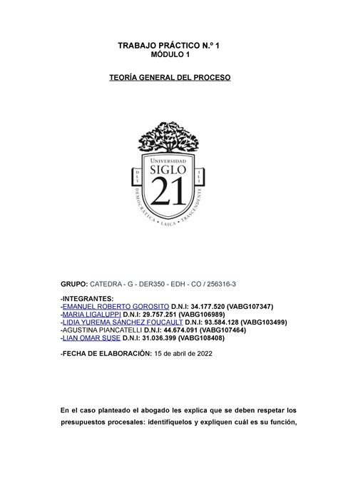 100 Trabajo PRÁ Ctico N1 teoría Gral del proceso TRABAJO PRÁCTICO