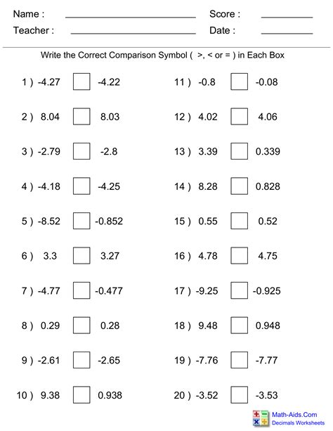 Order And Compare Decimals Worksheets