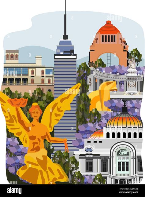 Ciudad De México Edificios Icónicos Ilustración Collage Imagen Vector