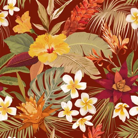 Watercolor Tropical Flowers And Palm Leaves Seamless Pattern Floral