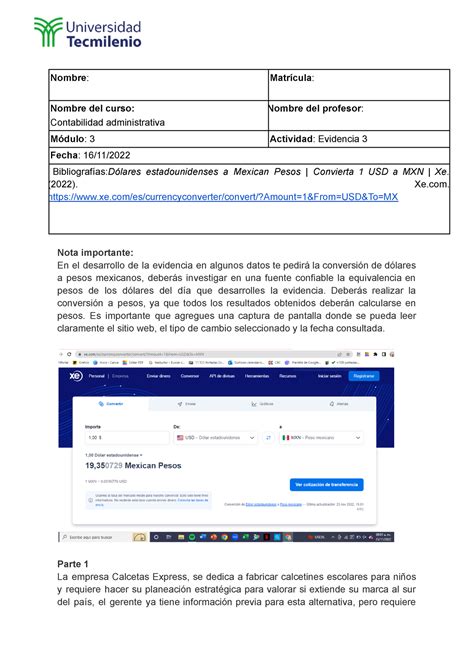 Evidencia Contabilidad Nombre Matr Cula Nombre Del Curso