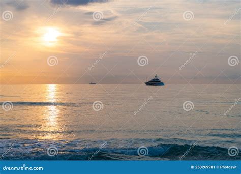 Sunset Sky In Summer Vacation Skyscape With Ship On Horizon Stock Image