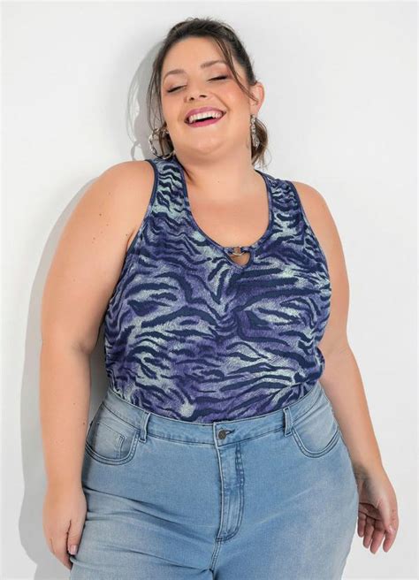 Regata Zebra Azul Gota No Decote Plus Size Marguerite