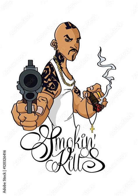 Concept Hand drawn illustration Smoking Kills Tattoo Chicano with Gun ...