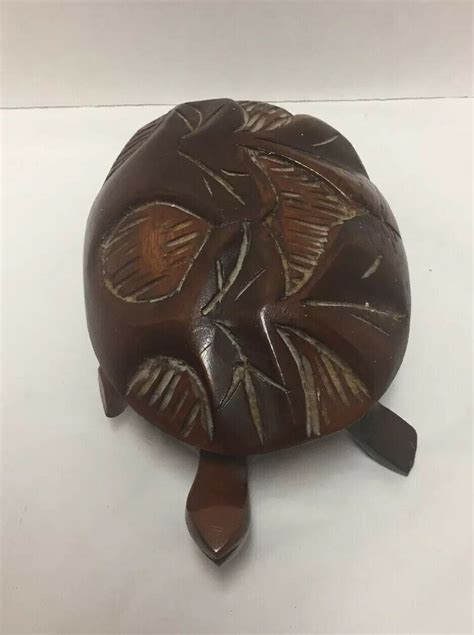 Hand Carved Wooden Turtle Folk Art Vintage Wood Trinket Jewelry Box In