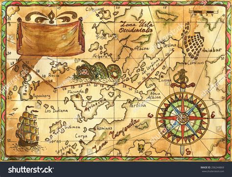 Hand Drawn Illustration Of Old Pirate Map With Continents And Islands