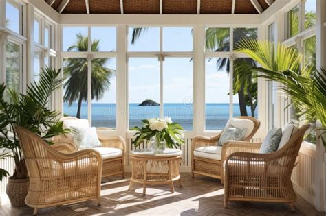 Coastal-style Sunroom with Rattan Chairs, Tropical Plants, and Seaview ...