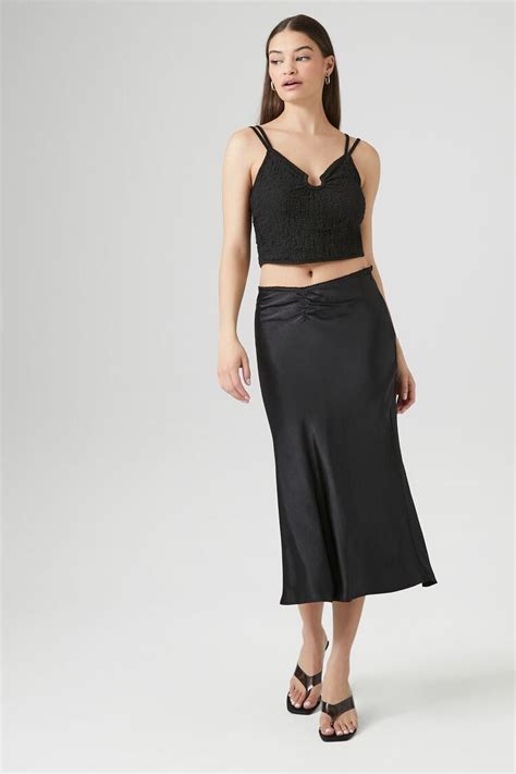 Picot Trim Satin Midi Skirt