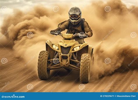 Atv Quad In Dust Cloud With Desert On Background Biker Rider In Action