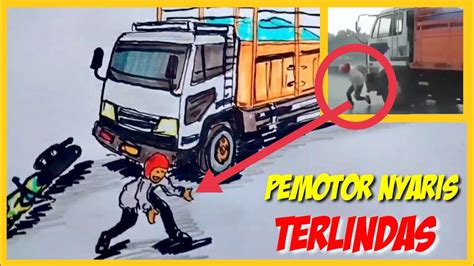 Menegangkan Pemotor Nyaris Terlindas Truk Usai Tergelincir