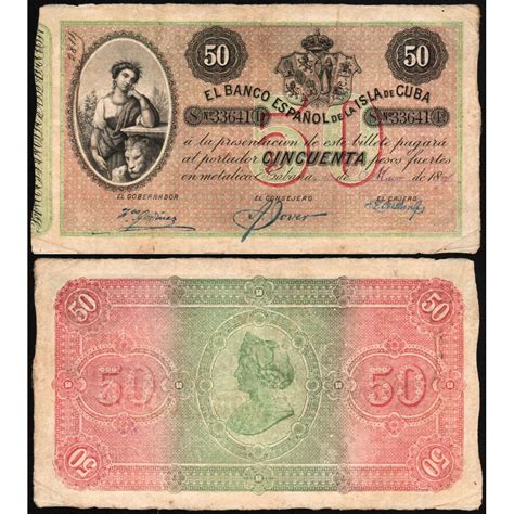 Vintage Cuba Paper Money 1896 Cuba 50 Pesos Banco Espanol No Plata