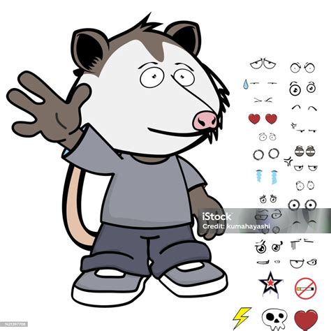 Happy Possum Character Cartoon Kawaii Expressions Set Stock