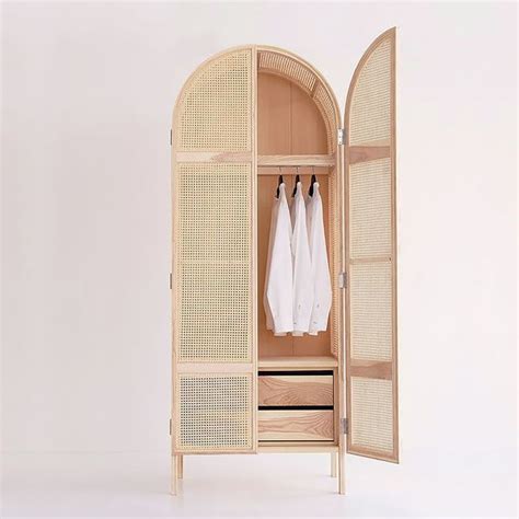 Natural Woven Rattan Bedroom Clothing Armoire With Hidden Doors And