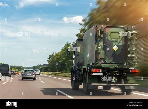 German Armoured Semi Trailer Cargo Truck Carrier Drives Military Convoy