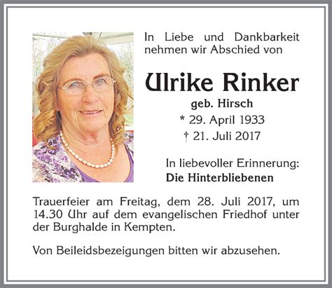 Traueranzeigen Von Ulrike Rinker Allg Uer Zeitung