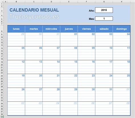 Crear Un Calendario Mensual En Excel Para Notas Calendarios Mensuales Microsoft Excel Clases