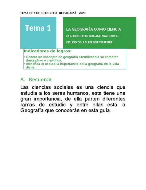 Taller Y TEMA 1 DE Geografia DE Panama TEMA DE 1 DE GEOGREFìA DE