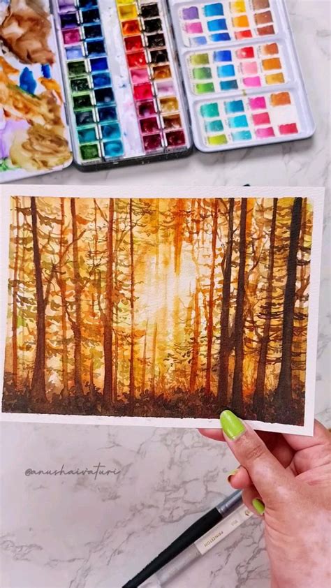 Watercolor Sunset in a Forest Painting | Watercolor Forest Painting video tutorial | Watercolor ...