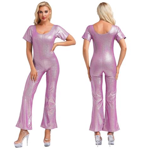 Eandarui Women's Shiny Metallic Bell-Bottom Dance Jumpsuit Casual