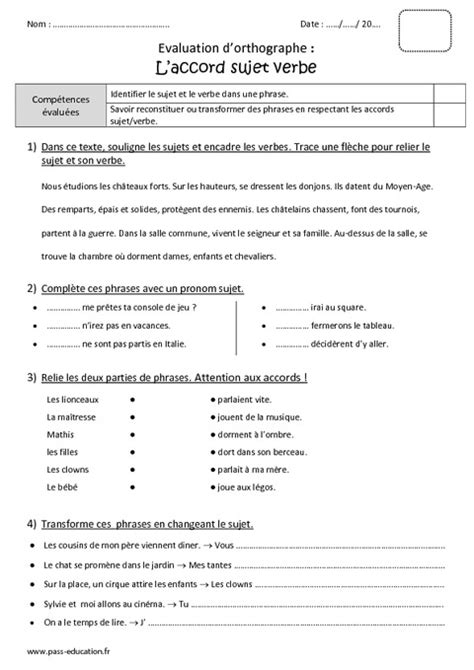 Accord sujet verbe Cm1 Bilan avec le corrigé Pass Education