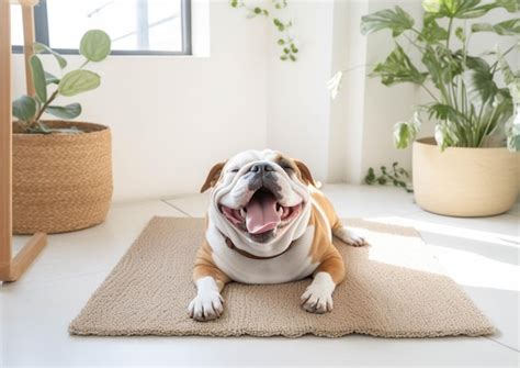 Hay un perro que está acostado sobre una alfombra en la habitación ai