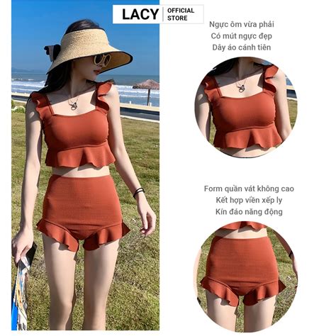Bikini nữ đồ bơi mảnh kín đáo áo croptop có đệm mút dây xếp ly cánh tiên quần viền xếp ly cạp
