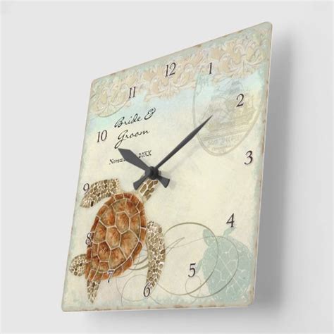 Sea Turtle Modern Coastal Ocean Beach Swirls Style Square Wall Clock