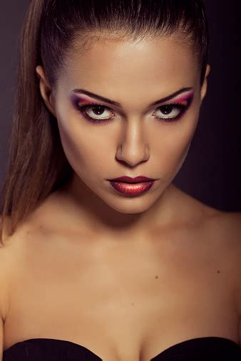 Close Up Fashion Portrait Model Shooting Makeup And Hairstyle Stock