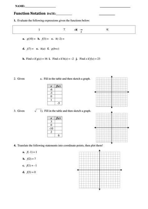 Function Notation Worksheet printable pdf download