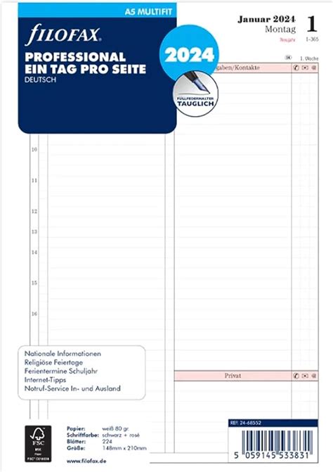 FILOFAX Kalendereinlage A5 Professional 1 Tag Pro Seite Deutsch 2024