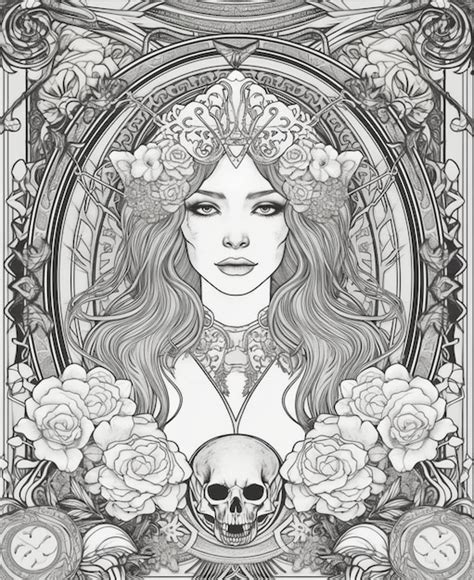 Una ilustración en blanco y negro de una mujer con rosas y una calavera