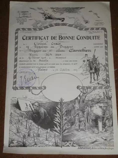 DIPLOME MILITAIRE CERTIFICAT BONNE CONDUITE 18e Régiment Dragons